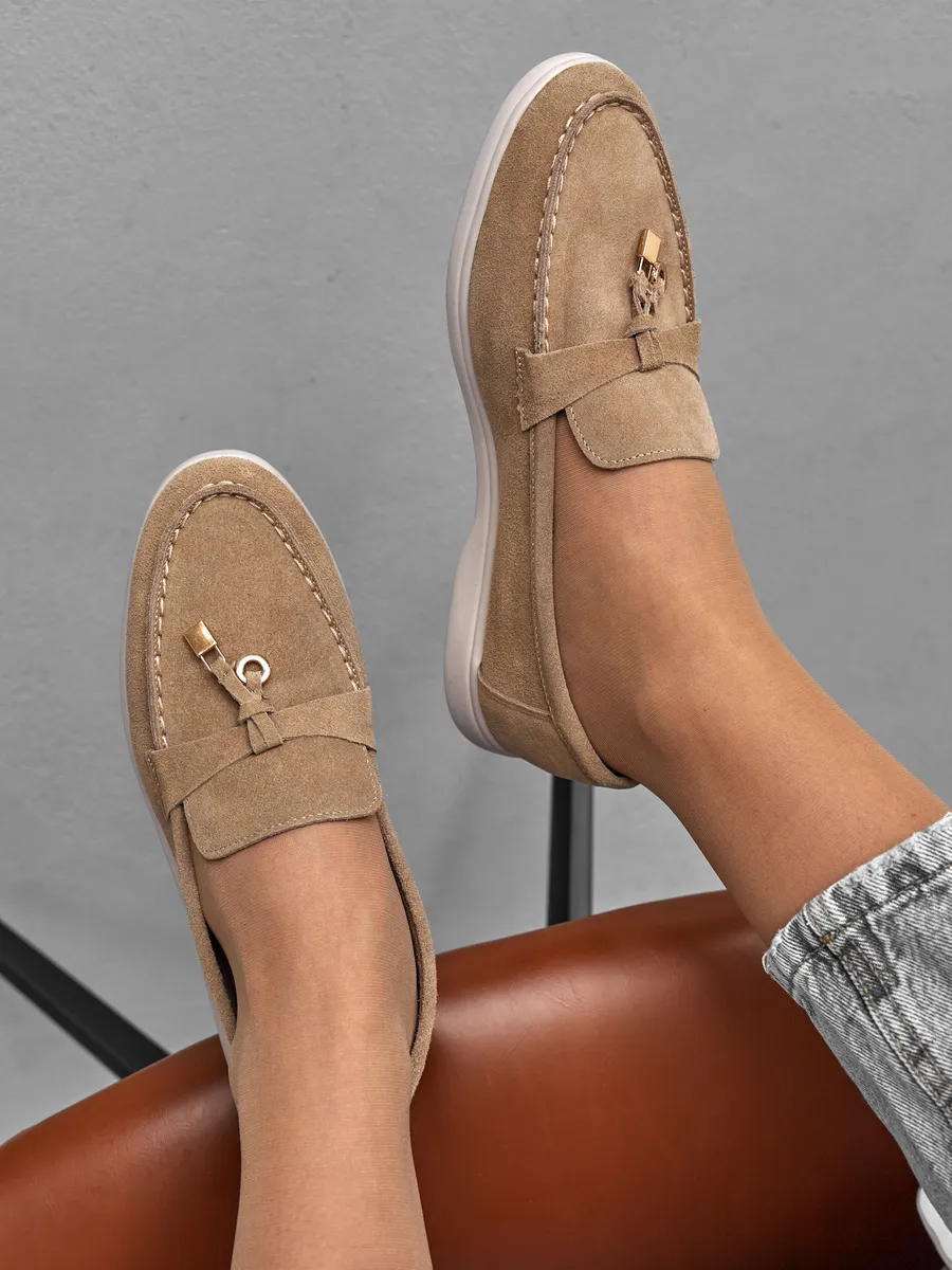 Лоферы женские замшевые бежевые натуральные на платформе 3727-1A