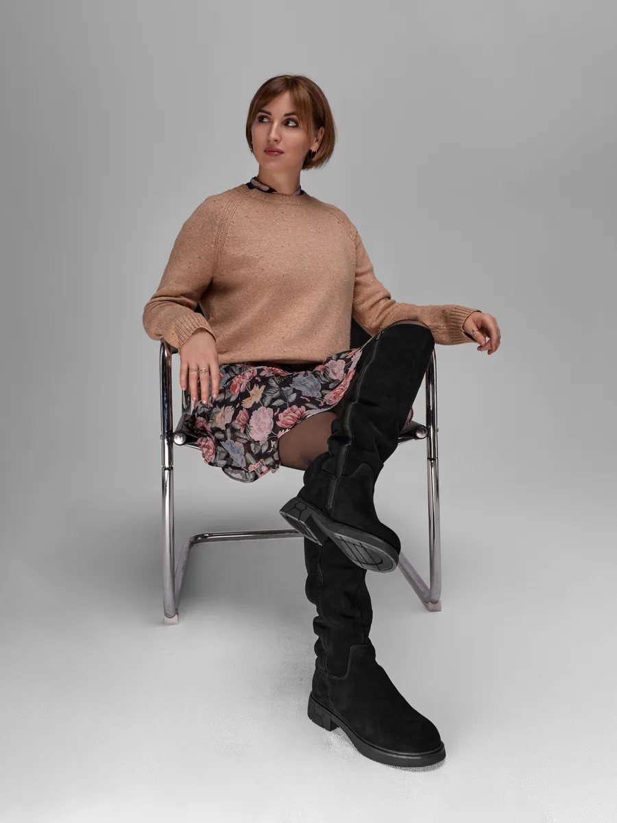 Сапоги женские зимние замшевые на каблуке черные 42-WWE18-100-201k